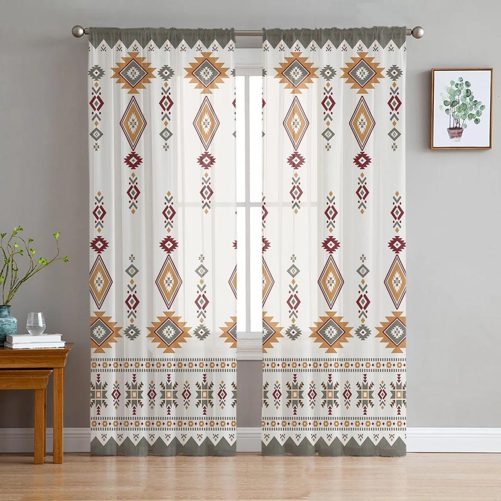 Southwest American Tribal Totem Boho Sheer Curtains Transparent Window Voile Tulle for Bedroom Holiday Decoration