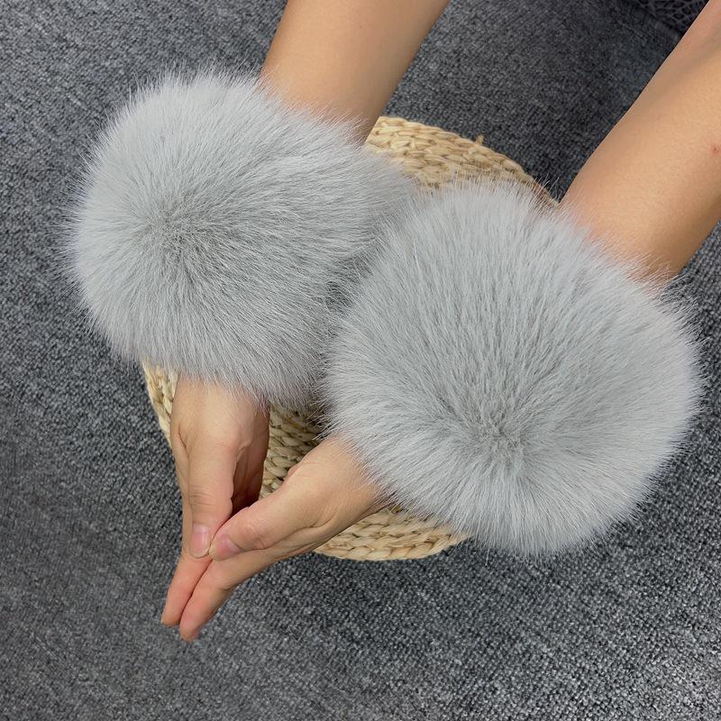 Mânuși de damă din blană artificială de iepure și vulpe, cu manșete strânse