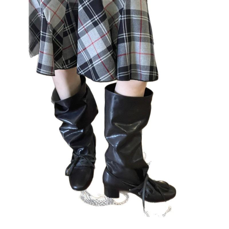 New Retro Strap Niche Design Pants Boots Thick Heel Thick Sole Boots But Knee Pointed Lace-up Knight Boots