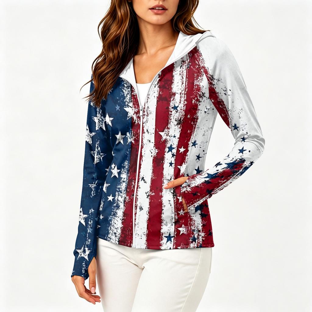 Women's Fashion Zip Up Hoodie Long Sleeve Sun Protection Jacket with Hood and Pockets Lightweight Printed Outerwear for Outdoor Activities