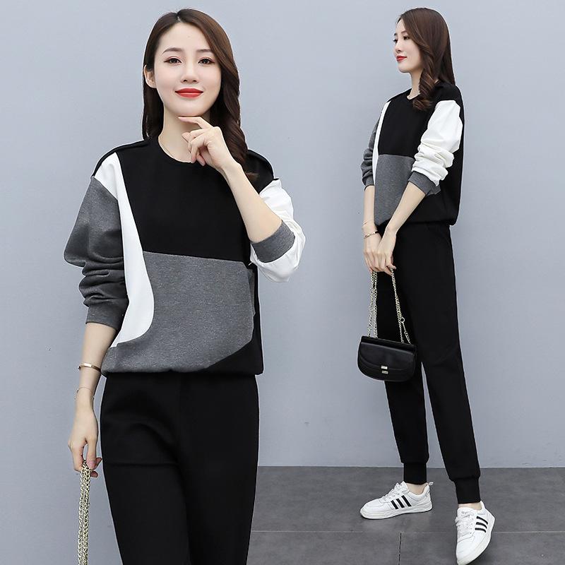 European Contrast Color Women's Velvet Sweatshirt and Trousers Set for Autumn/Winter