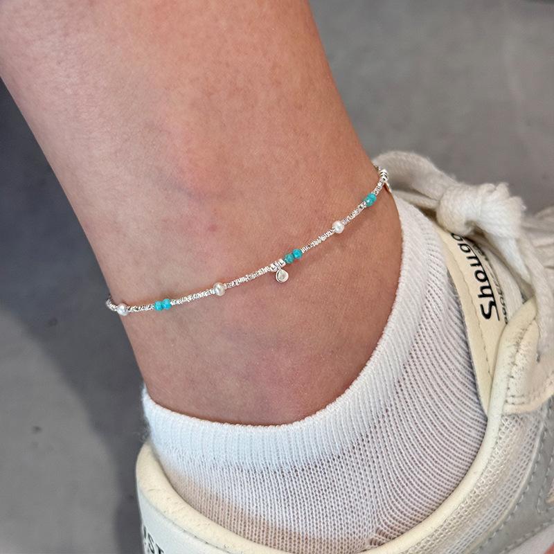 925 Sterling Silver Hand Made Vintage Girls Broken Silver Beads Pearl Anklet Foot Jewelry 20+5cm