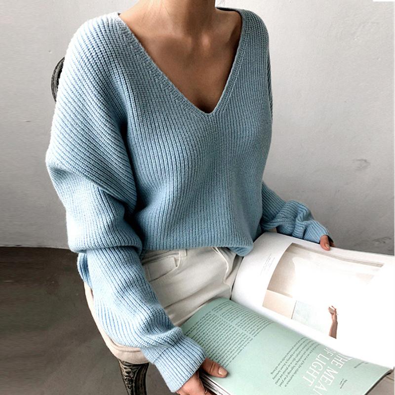 

Hirsionsan утепленный женский свитер 2021, винтажный минималистичный осенне-зимний свитер, корейский повседневный однотонный вязаный пуловер, топы с v-образным вырезом one size синий