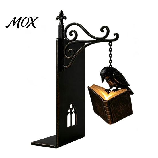 Halloween-Thema Buch-Organizer Gotische Metall-Buchstützen mit Hängeleuchte, Katze Rabe Geist Dekorativ Schwarz Heimdeko Bücherregal Lampe, Vintage