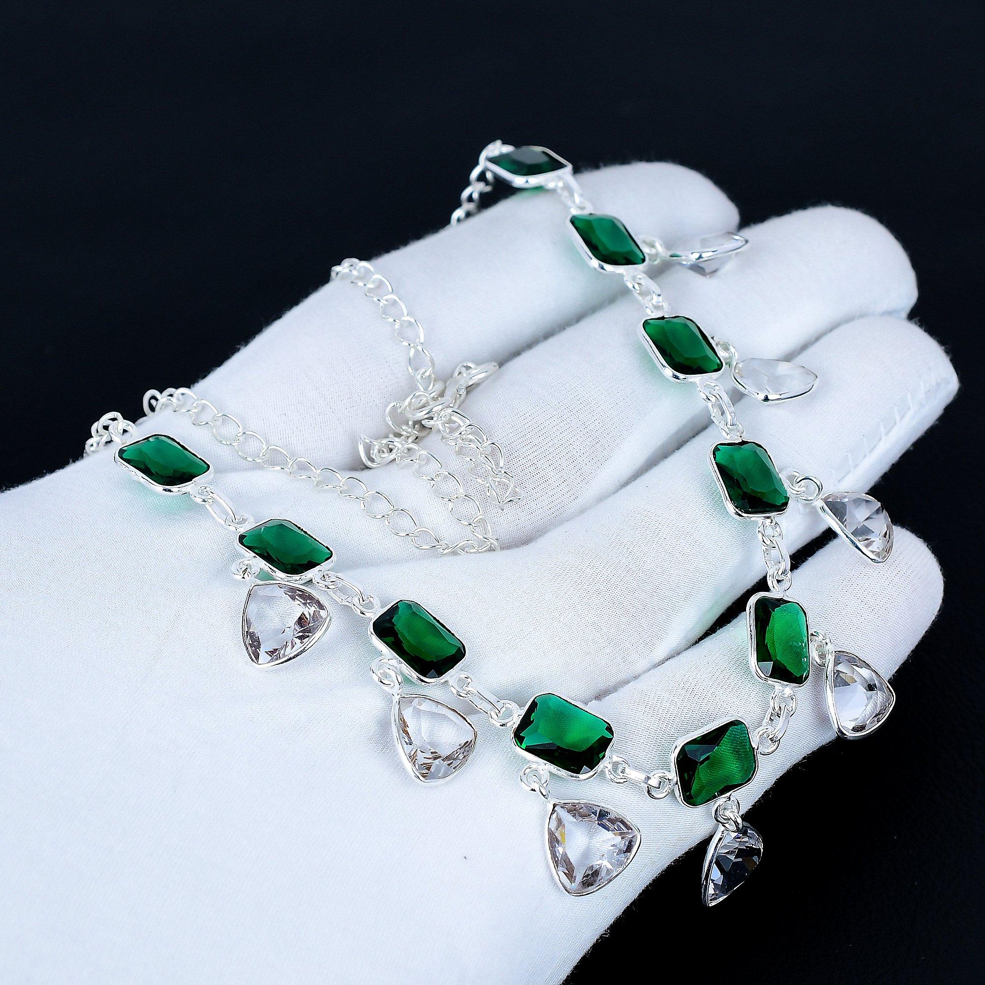 

White Topaz Heart Gemstone Necklace 925 Sterling Silver Necklace Green Tourmaline Necklace Bohemian Handmade Silver Necklace Gift Fort Mom 20 зелений