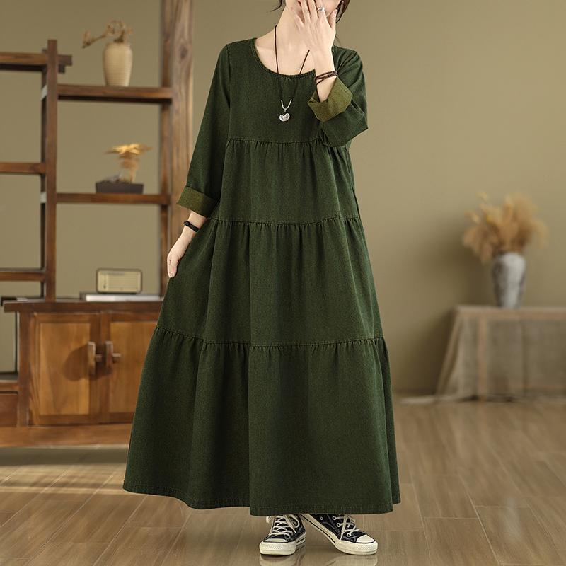 

DIMANAF Women 2026 New Plus Size Spring Dress Denim Long Sleeve O-Neck Dress Loose Basic Dresses Vintage L зелёный