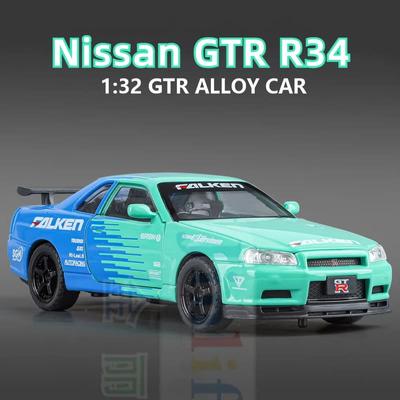 Novo 1:32 GTR R34 Carro Esportivo Baixo Liga Fundida Brinquedo de Carro de Metal Modelo de Carro de Brinquedo Som e Luz Puxar para Trás Coleção Brinquedo Infantil Presente