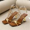 Eilyken Street Style Crystal Hollow Out Square Toe High Heels Women Sandals Buckle Strap Banquet Party Shoes