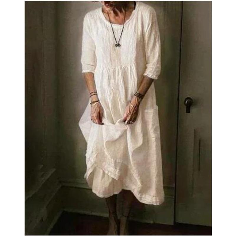 

women s Round Neck Three Quarter Sleeve Solid Color Linen Loose Irregular Hem Casual Midi Dress 5XL білий
