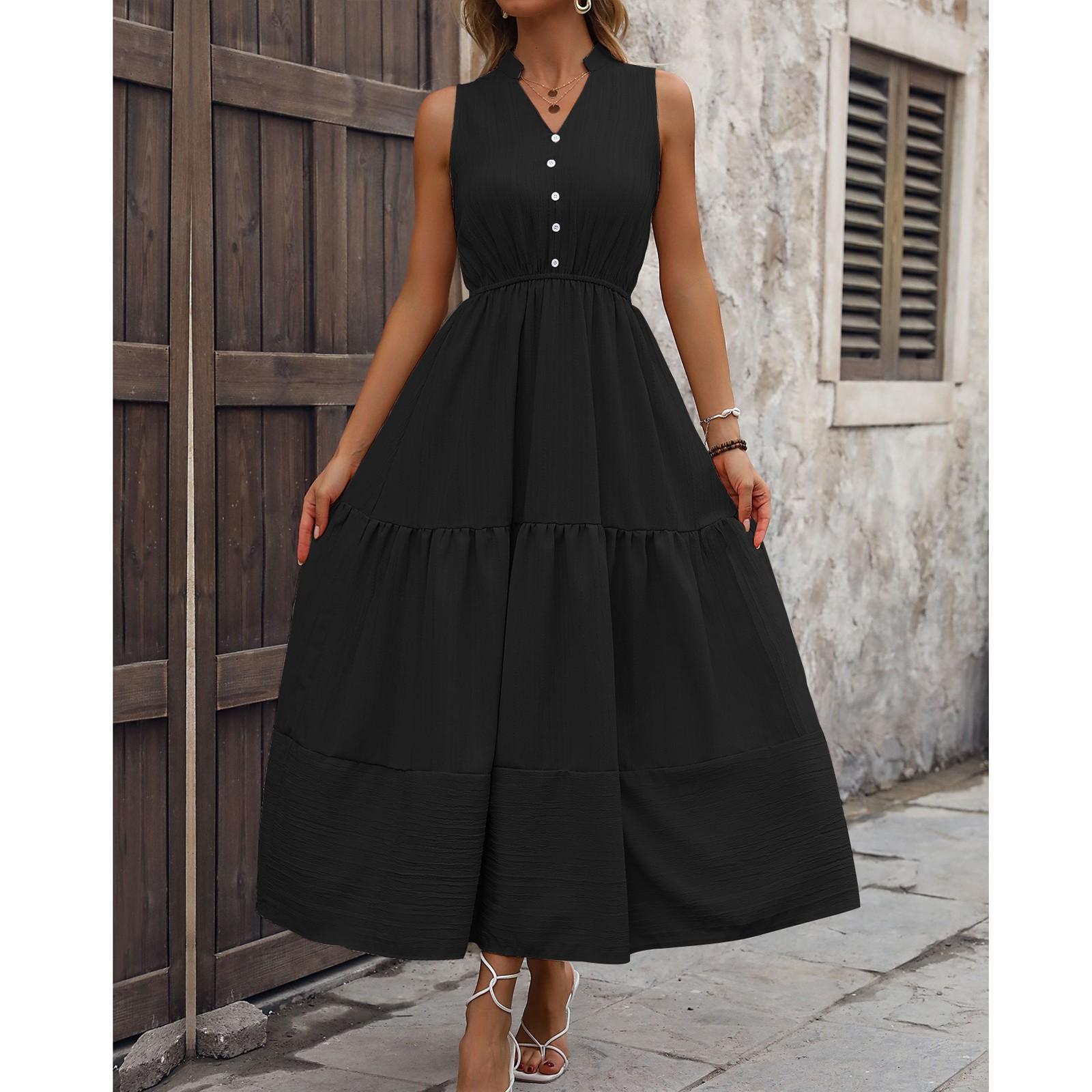 

Женское повседневное и модное однотонное длинное платье без рукавов с V-образным вырезом на пуговицах M чёрный