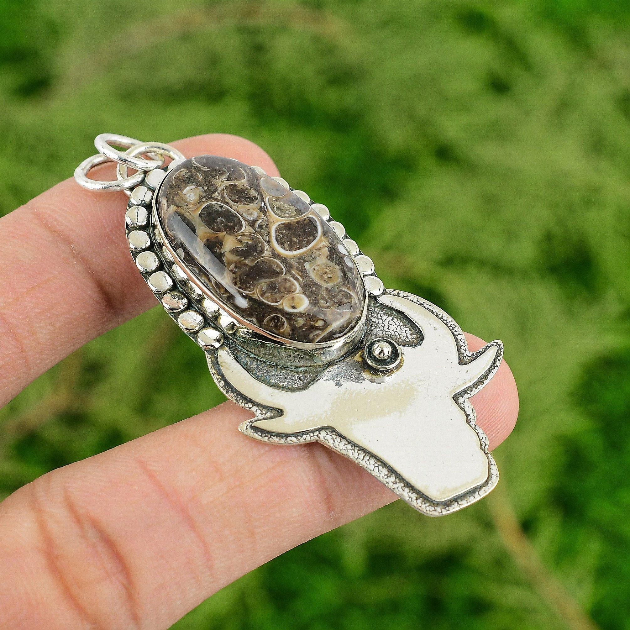 

925 Sterling Silver Oval Turritella Agate Stone Wedding Birthday Pendant Jewelry