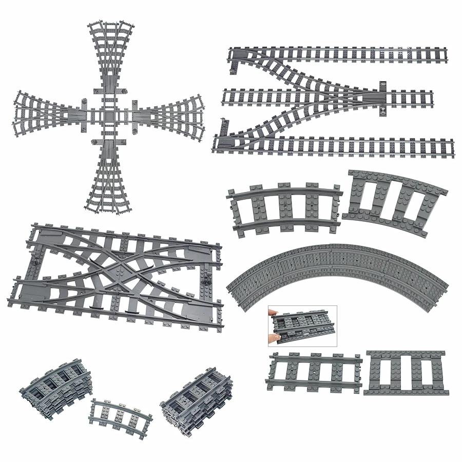 MOC Binari per Treni Città Incrocio Deviatoio Flessibile Biforcazione In Salita Rettilinei Curvi Mattoncini Ferrovie Giocattoli Creativi Fai da Te