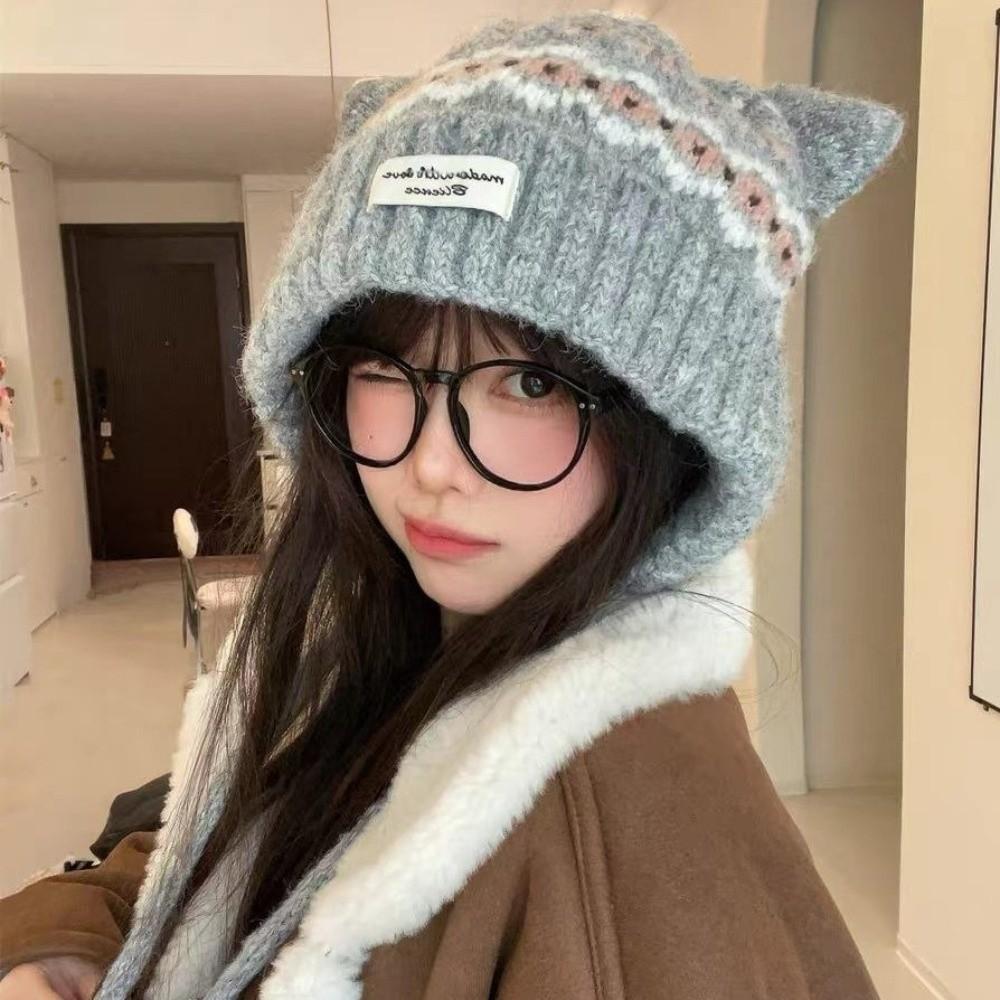 Thickened Winter Beanie With Earmuffs Fair Isle Unisex Warm Hat Cat Ear Knitted Hat Leisure Travel