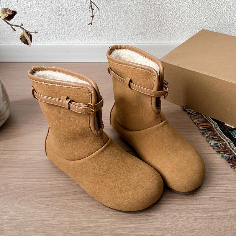 Retrostil läder stor huvud Martin-kängor dam matt läder sammet varma korta stövlar 2025 vinter nya platta bomullsskor