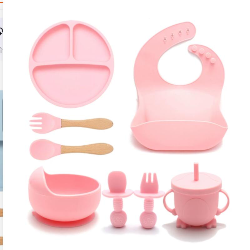 3/6/8Pcs Baby Silicone Tableware Kids Utensil Bib Straw Cup Bowl Suction Plate Feeding Essential Set