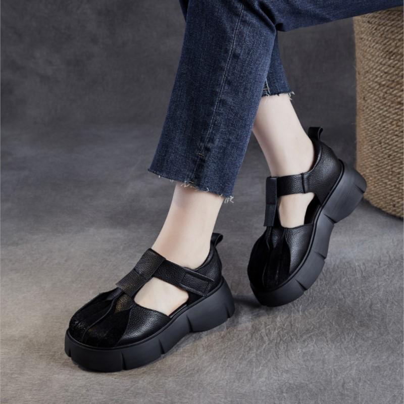 Johnature Retro Thick Soled Sandals Genuine Leather Comfortable Round Toe Versatile Women's Platform Shoes