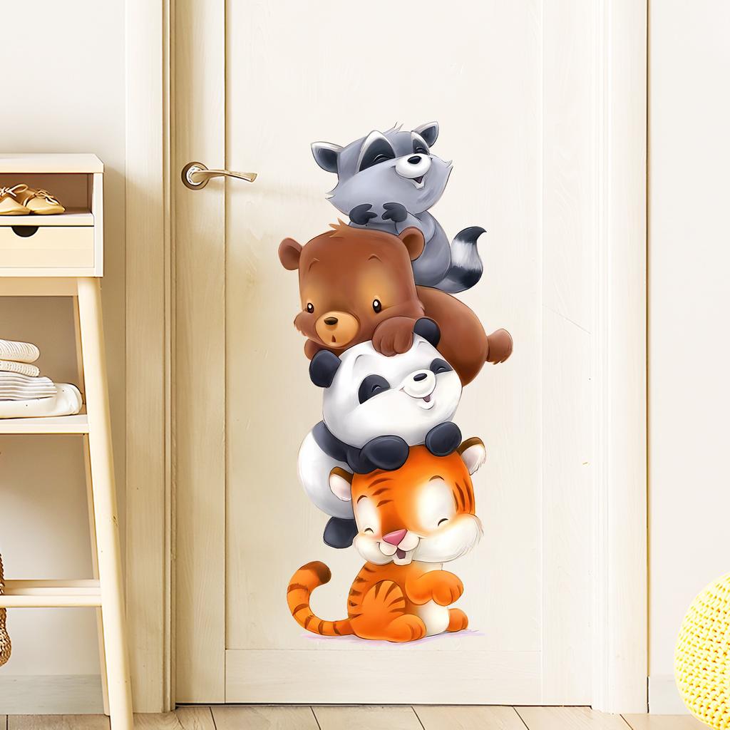 Cute Cartoon Stacked Animals Tower Wall Stickers, Self-Adhesive Decor for Kids Room Kindergarten Bedroom Entryway Decoration