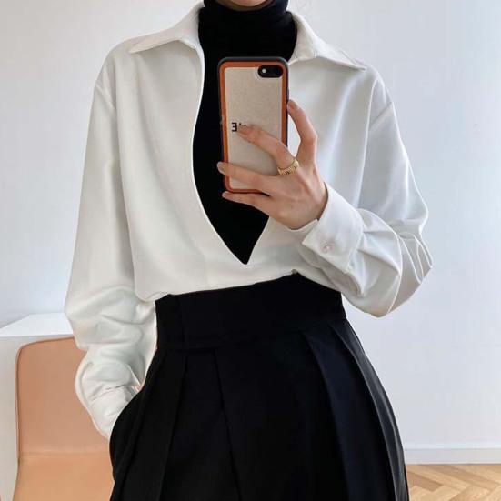 Цветная теплая свободная блузка большого размера с воротником и глубоким однотонным — фото 9