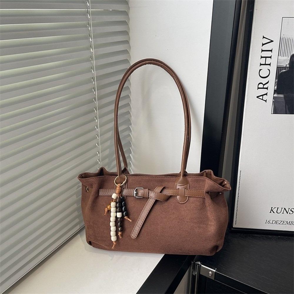 Stylish Vintage Shoulder Bag Large Capacity Imitation Suede Underarm Bag Solid Color Pendant Decoration Women's Handbag Women