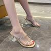 Rhinestone one-word cool slippers to wear outside 2025 summer new fairy style French stiletto fashion transparent high heels