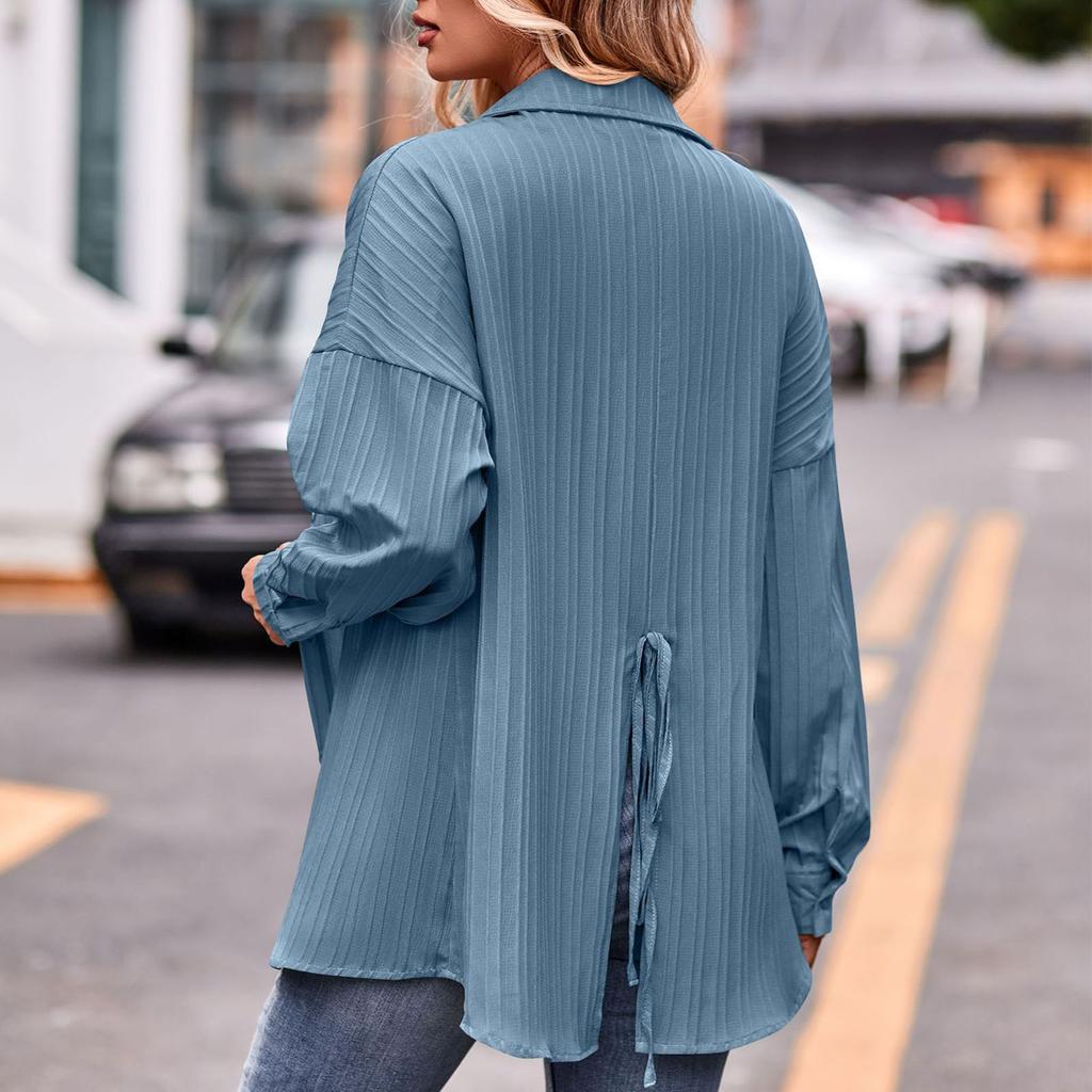 Damen Langarm Hemd Streifen Jacquard Umlegekragen Einreiher Freizeit Lockerer Schnitt Blusen