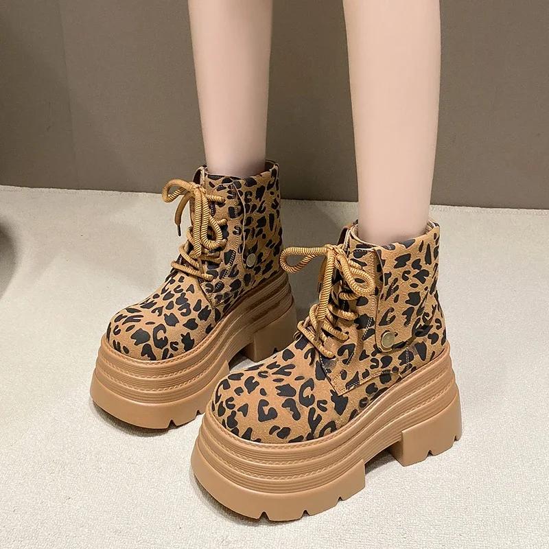 Mode 10CM Leopard Plateau Damen Stiefeletten Hohe Absätze Winter Wildleder Warmes Fell Schneestiefel 2025 Trend Frau Herbst Schnürstiefel Damen