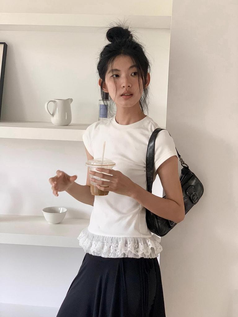 Women's White Lace-Trimmed Ballet-Style Slim Fit Short Sleeve T-Shirt - Summer 2025 Collection