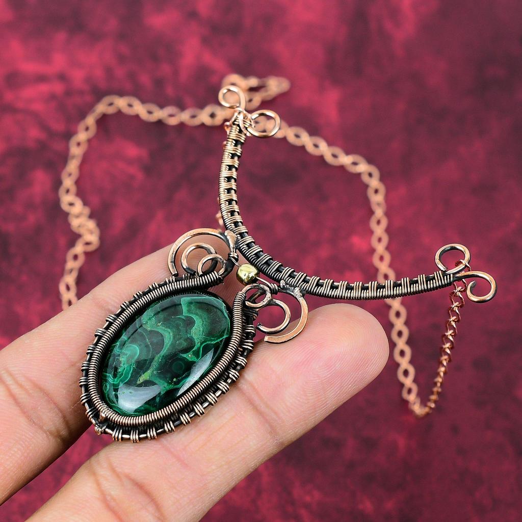 Malachite Necklace Copper Wire Wrapped Gemstone Necklace Adjustable Chain Necklace Handmade Necklace Copper Wire Wrap Jewelry Wedding Gifts