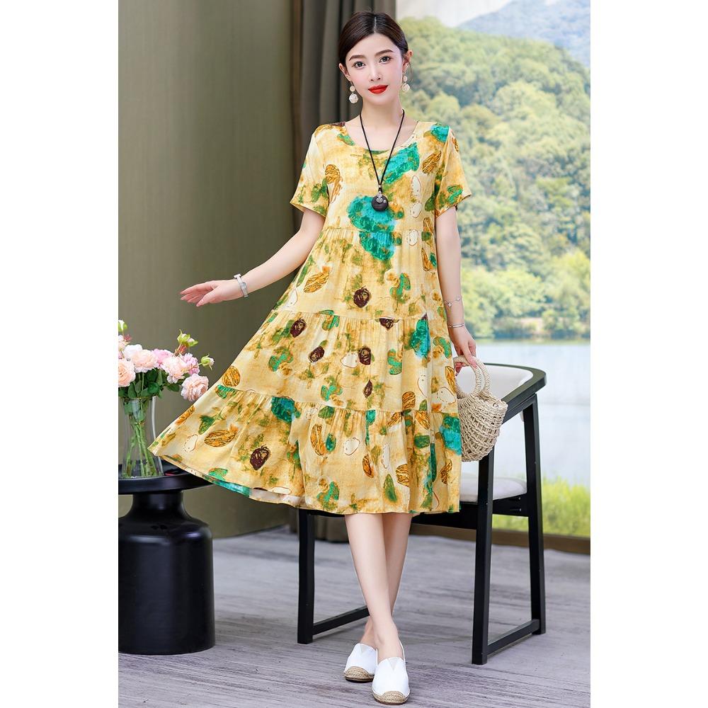 Summer Short-sleeved, Loose and Long Artificial Cotton Dress for Middle-aged and Elderly Women