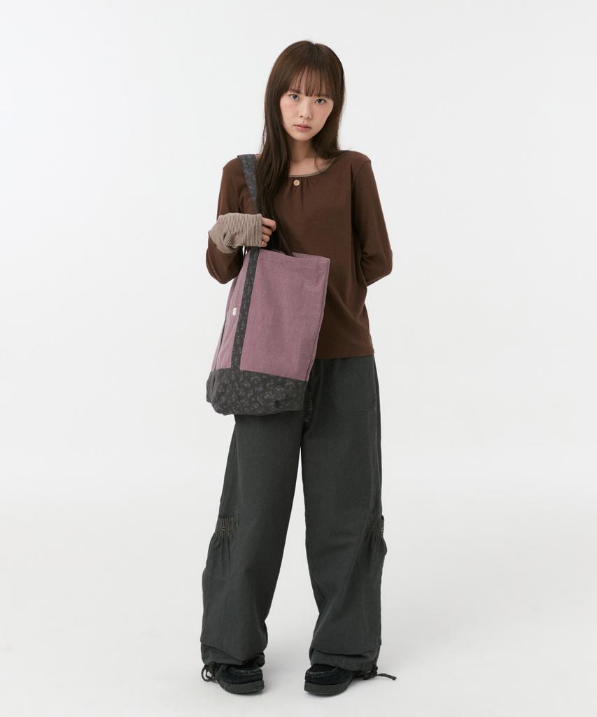 OHESHIO Shirring Color Block Long Sleeve, Brown