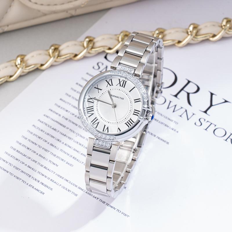Diamond Women'S Watch Fashion Pointer Round Roman Quartz Waterproof Steel Belt Temperament Watch