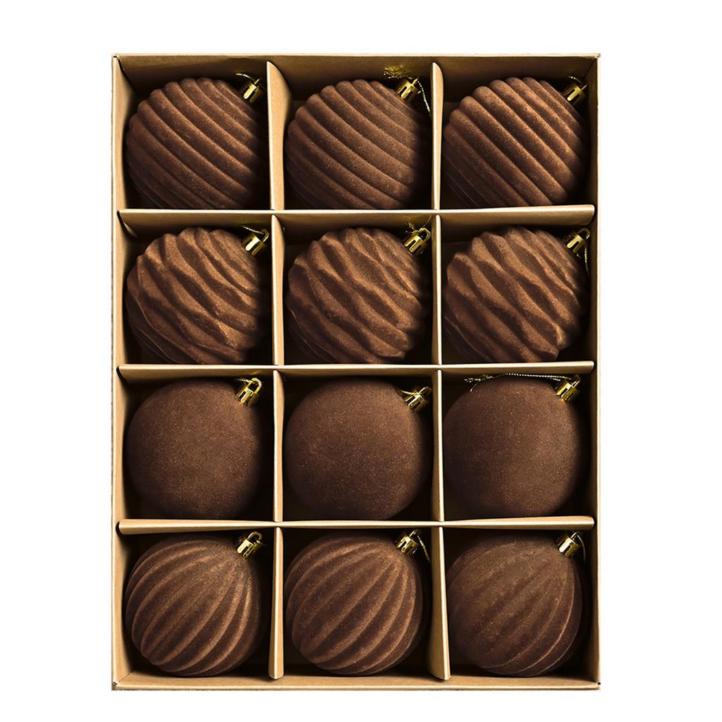 Flocked Christmas Ball 8cm Brown Gift Box Set Christmas Ornament Tree Decor Holiday Hanging Pendant Christmas Scene Arrangement