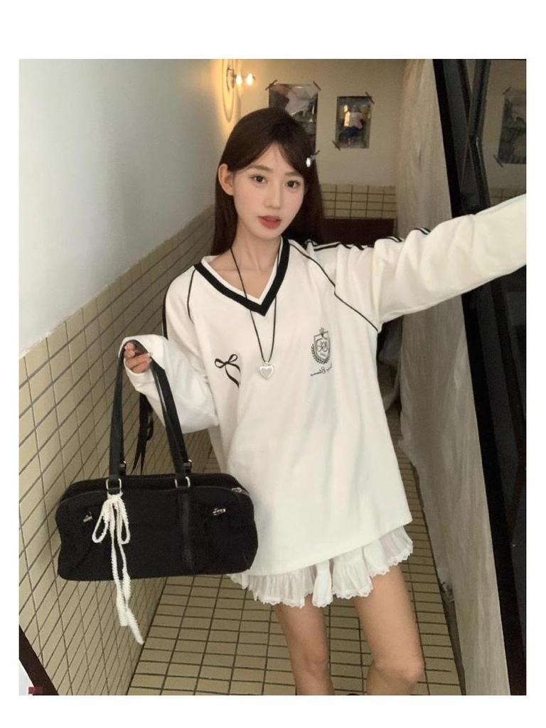 Women's 2025 Striped V-Neck Bow Long-Sleeve Casual Sweatshirt