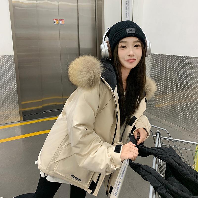 

New down cotton clothes women s short hooded sports tooling winter coat thickened large fur collar women s cotton-padded clothes S белый