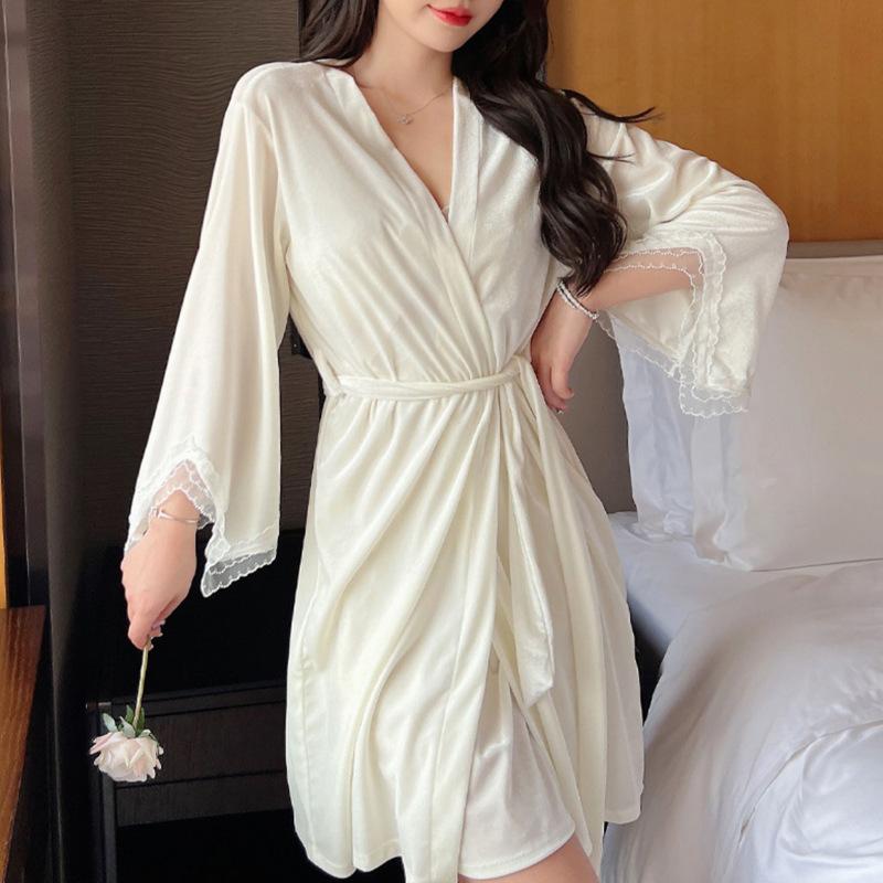 Sexy Pajamas Golden Velvet Premium Autumn And Winter Lace Pure Desire Suspender Nightgown Nightgown Two-Piece Set
