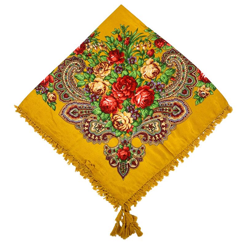 90*90cm Short Tassel Floral Print Russian Square Scarf Women Luxury Flower Printed Bandana Shawl Ukrainian Babushka Head Wraps