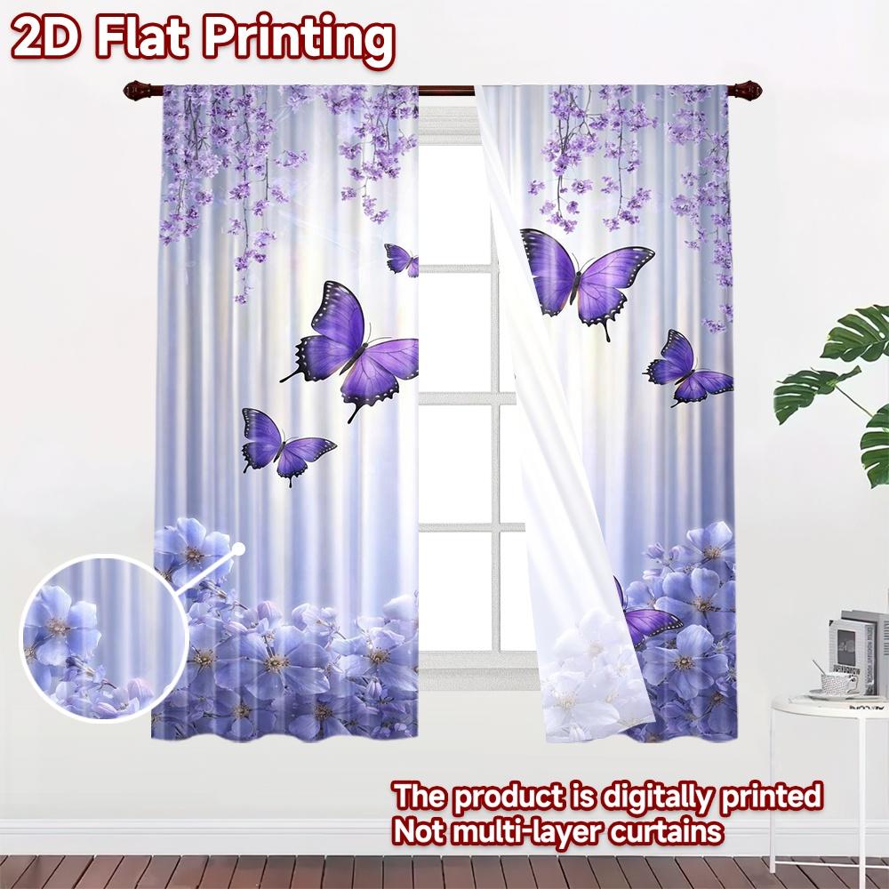 2D Flat Printing 2pcs Curtain Window Drapes Spring Butterflies and Flowers Digital Printed Polyester Drapes Family Party for