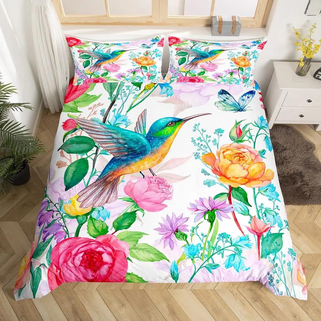 Rose Flowers Duvet Cover Set Butterfly Garden Bedding Sets Girls Women Floral Fresh Nature Blooming Rose Comforter Cover 3 Pcs