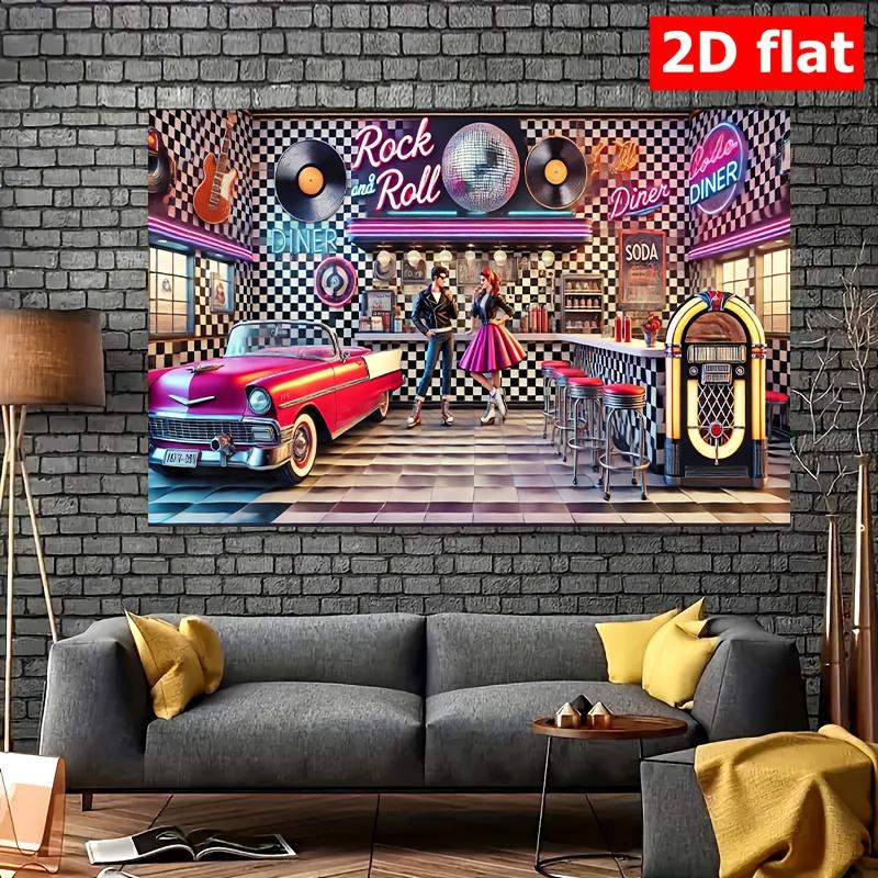 2D Flat 1pc Retro Rock Party Banner - Polyester Background Classic Car Guitar and Microphone Design