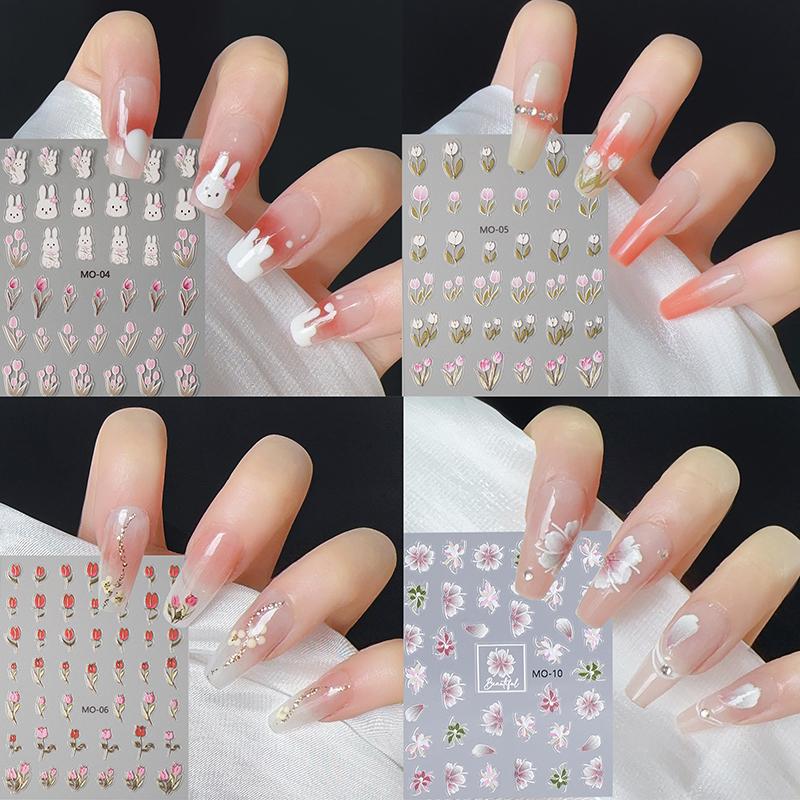 5D Relief Nail Stickers Tulip Fine Rabbit Decals Flowers Nail Art Charm Cute Cartoon Sliders Bronzing Diy Manicure Decoration