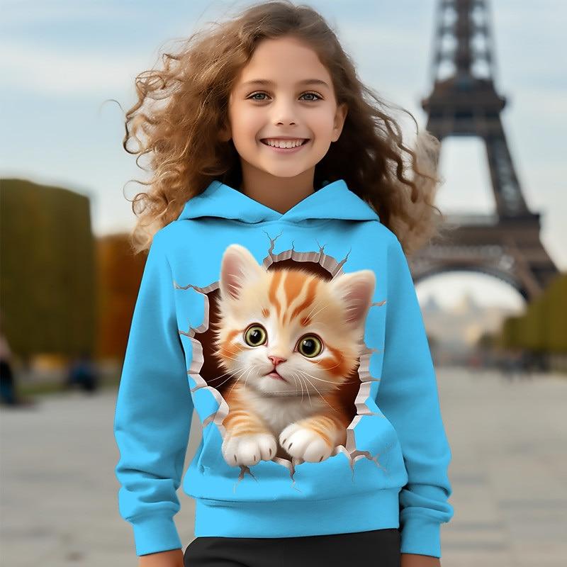

Girls 3D Cartoon Cat Hoodie Pullover Pink Long Sleeve 3D Print Spring 110cm