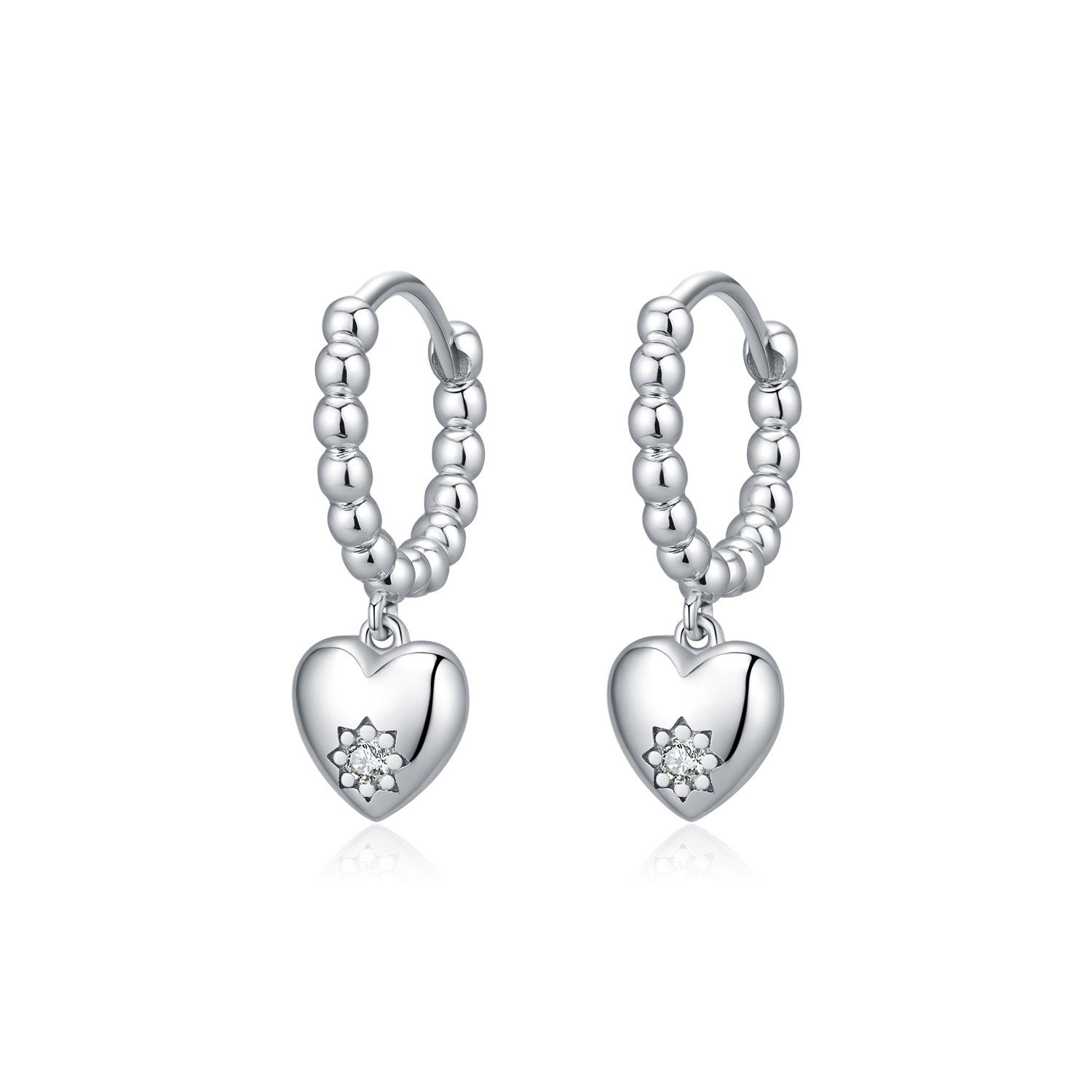 S925 Sterling Silver Beaded Hoop Earrings with Heart Dangle Zircon Heart Drop Earrings for Women Fashion Jewelry