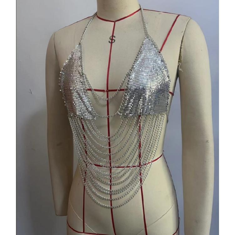 Women Shines Rhinestones Tank Top Halter Body Chain Fishnet Mesh Bra Crop Top Shirt for Night Club Party Raves Outfits