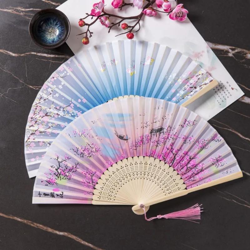 1Pc Bamboo Folding Fan Lace Classical Dance Hand Fan Performance Handheld Fan Photo Props Wedding Party Home Decor