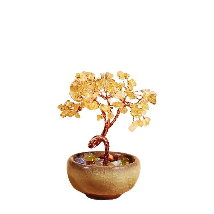 Citrine Money Tree with Agate Base - Fortune-Attracting Ornament for Home or Office