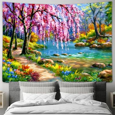 Spring Cherry Blossom River Garden Landscape Wall Tapestry Machine Washable All Season Decor Art Print Nature Design Home