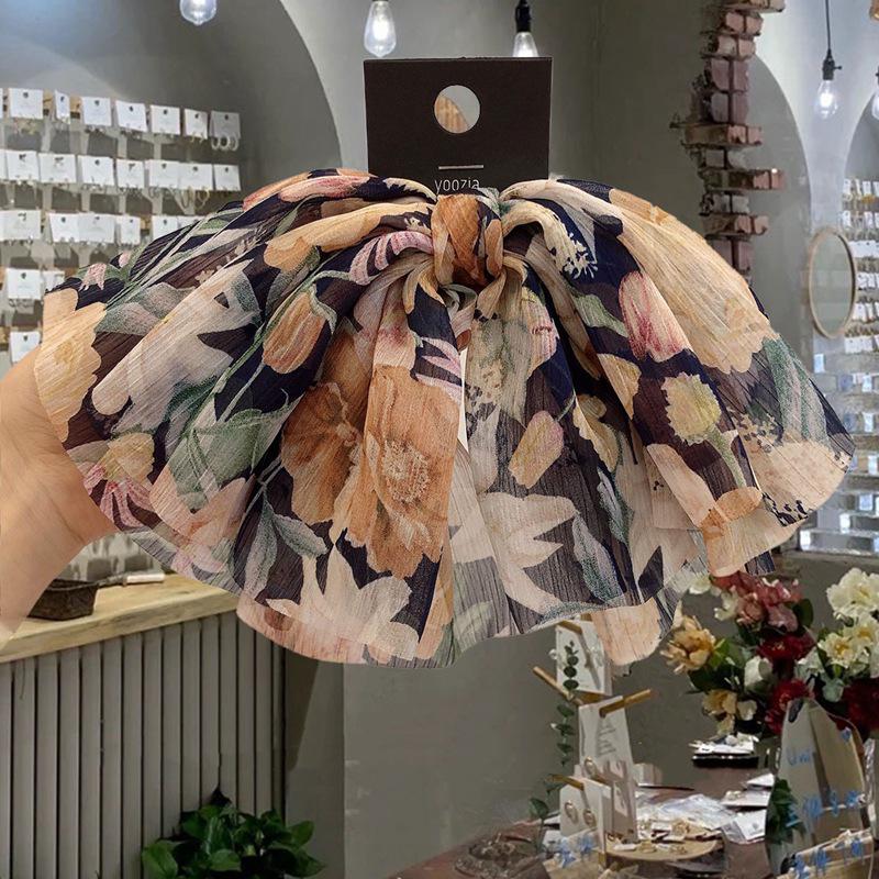 Clips de Păr din Șifon cu Flori și Fundă Multi-strat - Stil Coreean Primăvară/Vară