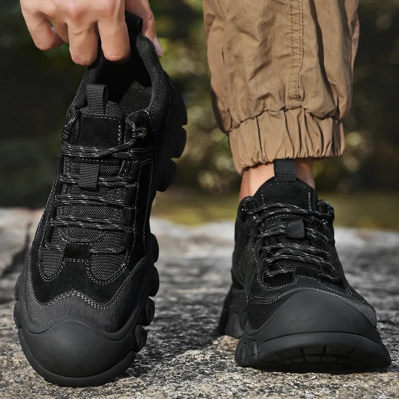 Fashion Autumn Antiskid Casual Leather Designer Shoes Hand Stitched Thick Bottom Mens Hiking Footwear Leisure Outdoor Walking Shoes