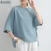 ZANZEA Women Casual Round Neck 3/4 Sleeve Solid Color Loose Blouse