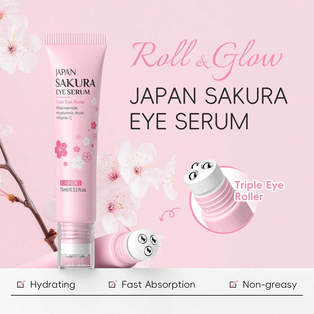 LAIKOU Sakura Faltenreduzierende Augencreme mit Roll-Applikator Schnelltrocknend Feuchtigkeitsspendend Hyaluronsäure Erfrischendes Augen-Serum 15ml